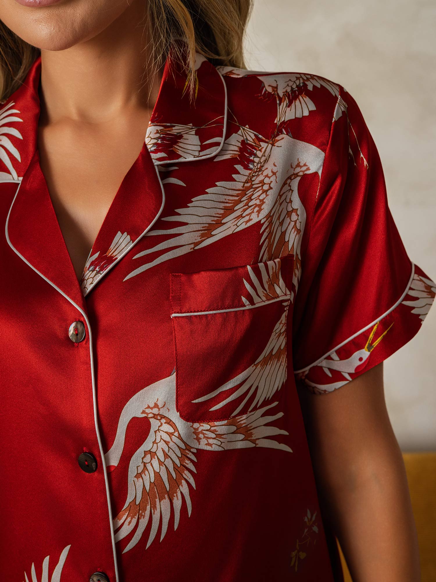 [Dunkelrot] SilkSilky-DE 19Momme Reine Seide Kurzärmelig Womens Pajamas 004