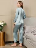 SilkSilky-DE Reine Seide Langärmelig Revers Damen Pyjamas Hellblau 002