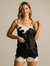[Schwarz] SilkSilky-DE Spaghettiträger V Ausschnitt Camisole-Set 003