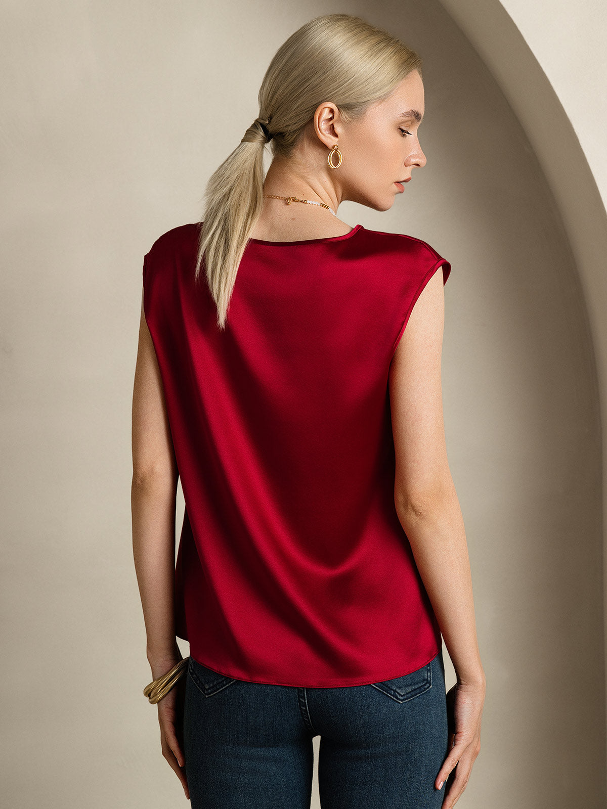 [Rotwein] SilkSilky-DE 19Momme Seide Womens T-Shirt 002