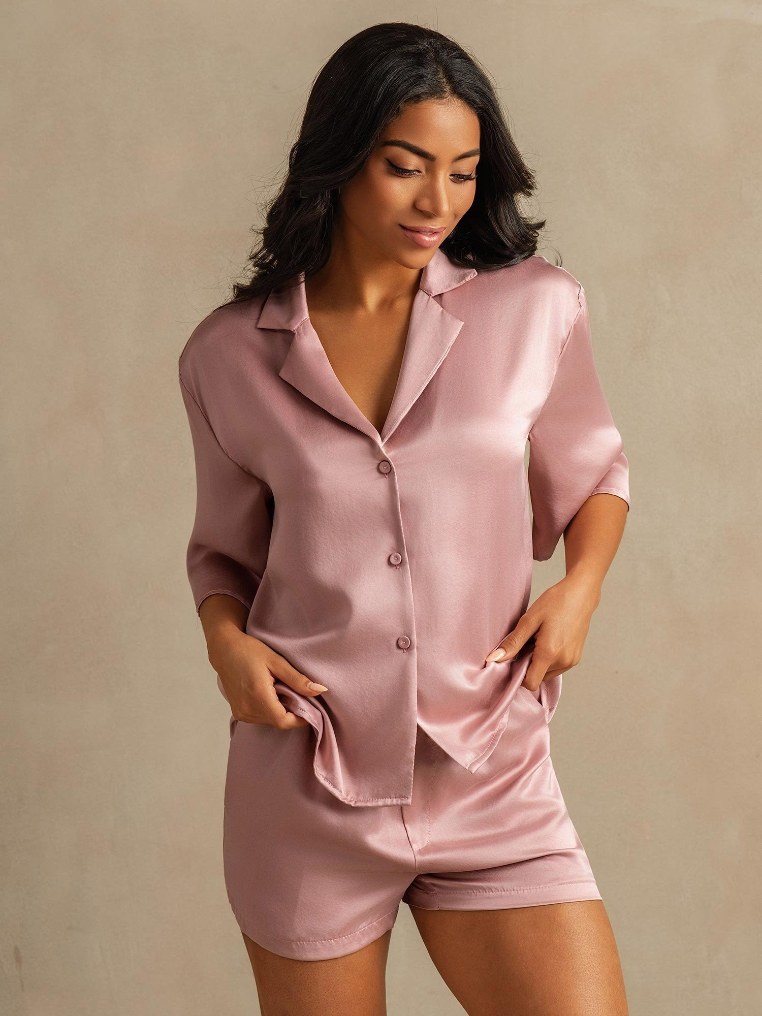 [Pfirsichhaut] SilkSilky-DE 19Momme Reine Seide Halblange Ärmel Umlegekragen Damen Pyjamas 003