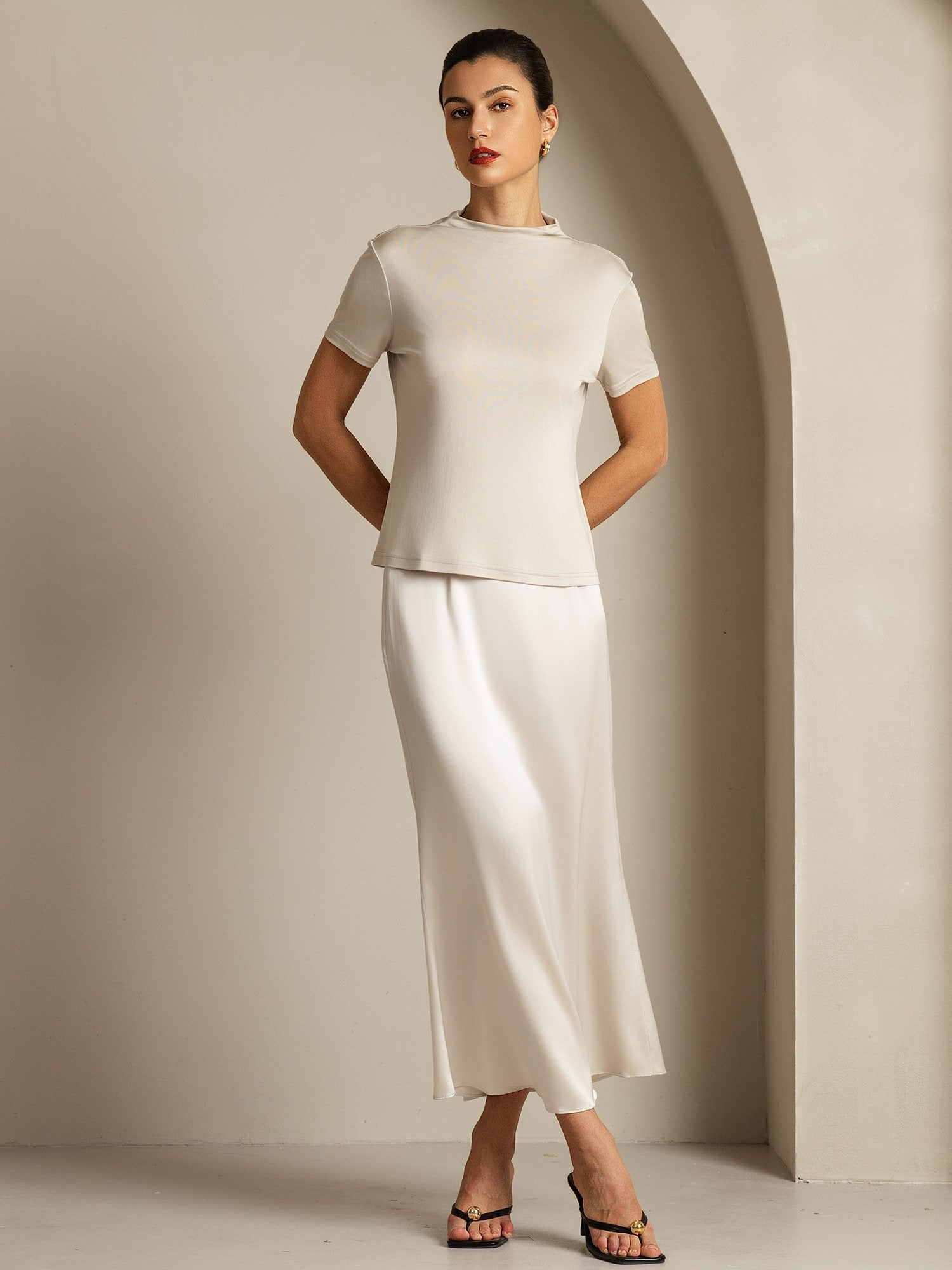 [Grau] SilkSilky-DE Reine Seide Umlegekragen T-Shirt 007