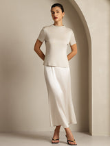 [Grau] SilkSilky-DE 100% Silk Jersey Short Sleeve Mock Neck T-Shirt 007