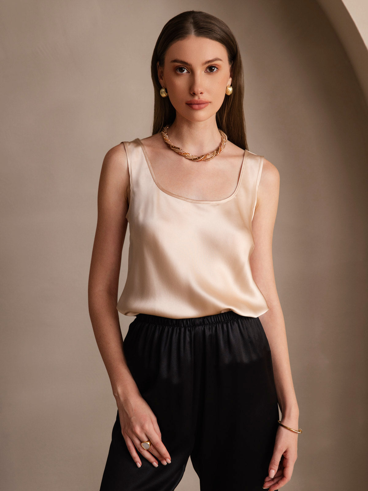 [Champagner] SilkSilky-DE 19Momme Seide U Ausschnitt Cami Top 001