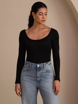 [Schwarz] SilkSilky-DE Long Sleeve U Ausschnitt T-Shirt 003