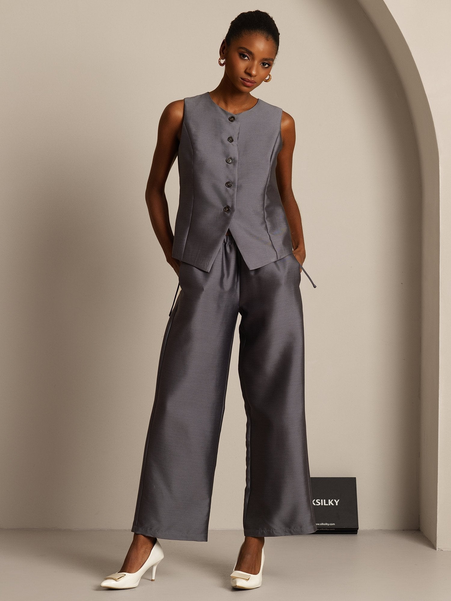 [Grau] SilkSilky-DE 32Momme Silk-Wool Blend Womens Vest 006,