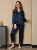[Dunkelblau] SilkSilky-DE Long Sleeve Notch-Kragen Damen Pyjamas 005