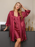 SilkSilky DE Reine Seide 3/4 lange Ärmel Nightgown&Robe Set Rotwein 004