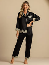 [Schwarz] SilkSilky-DE Langärmelig Damen Pyjamas 006