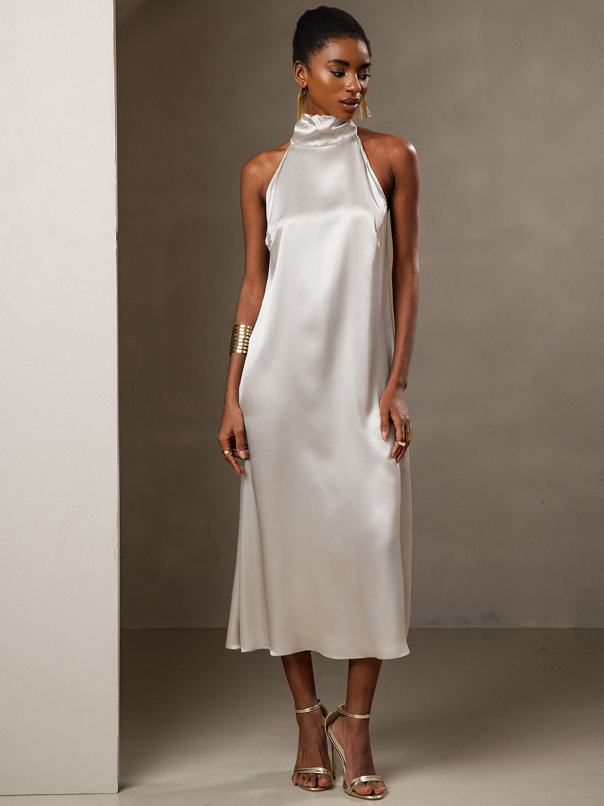 [Hellgrau] SilkSilky-DE 19Momme Seide Ärmellos Hochgeschlossener Ausschnitt Kleider 004