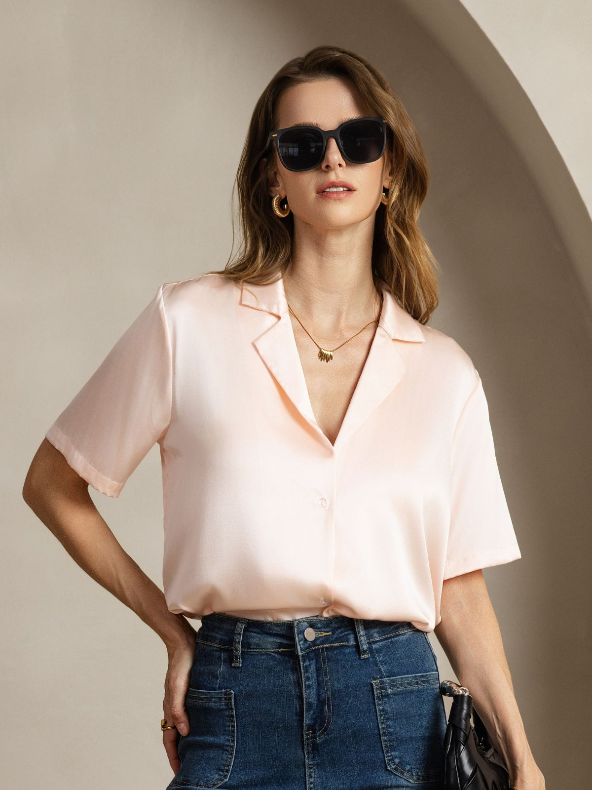 [Rosa] SilkSilky-DE 19Momme Seide Eingekerbter Kragen Damenhemd 001