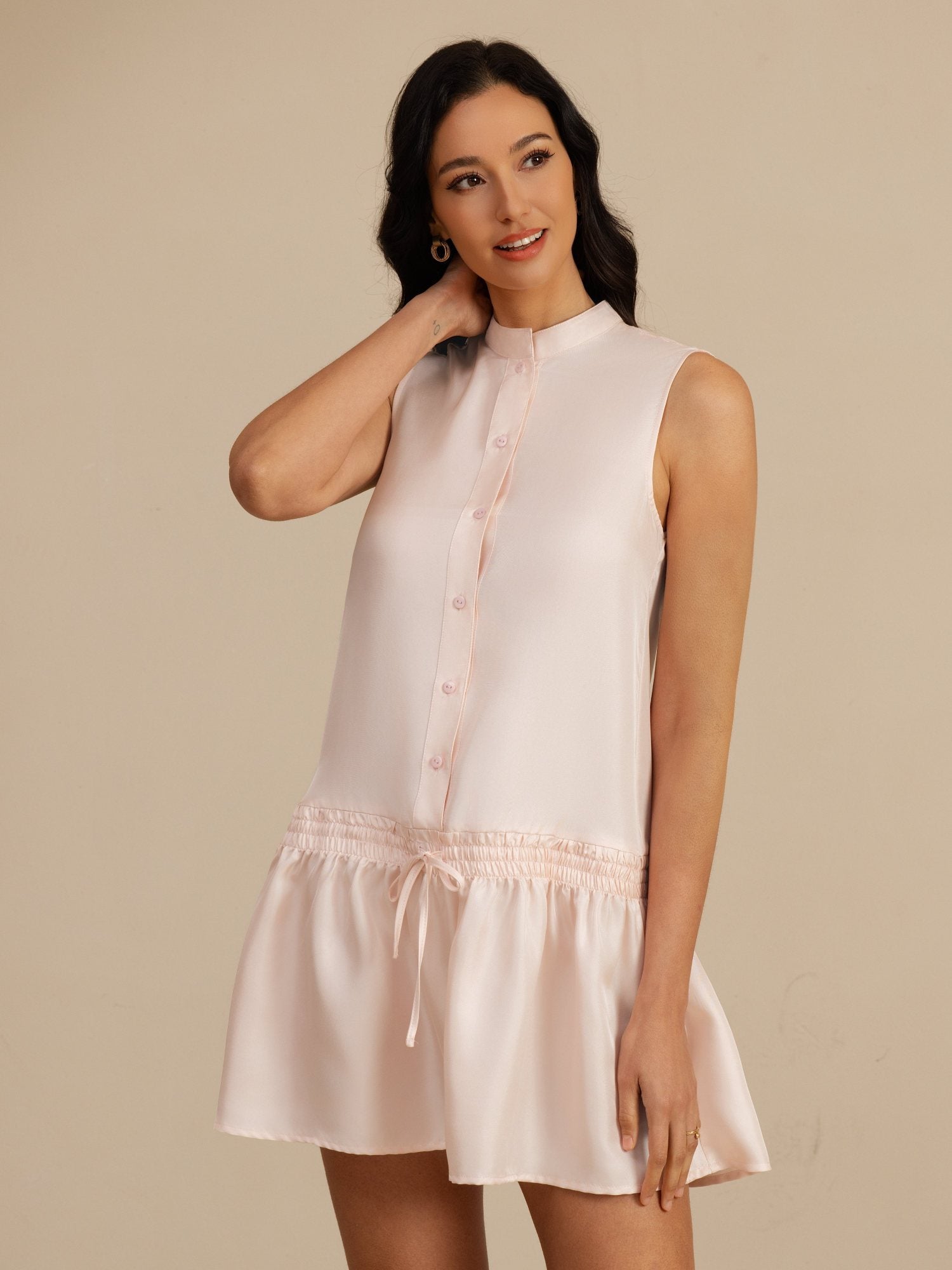 [Rosa] SilkSilky-DE 18Momme Ärmellos Stehkragen Kleider 003