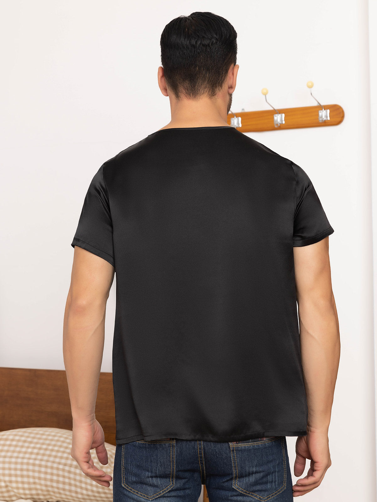 [Schwarz] SilkSilky-DE Reine Seide Kurzärmelig V Ausschnitt Herren T-Shirt 002