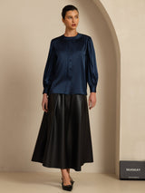 [Dunkelblau] SilkSilky-DE 19Momme Long Sleeve Round Neck Bluse 008