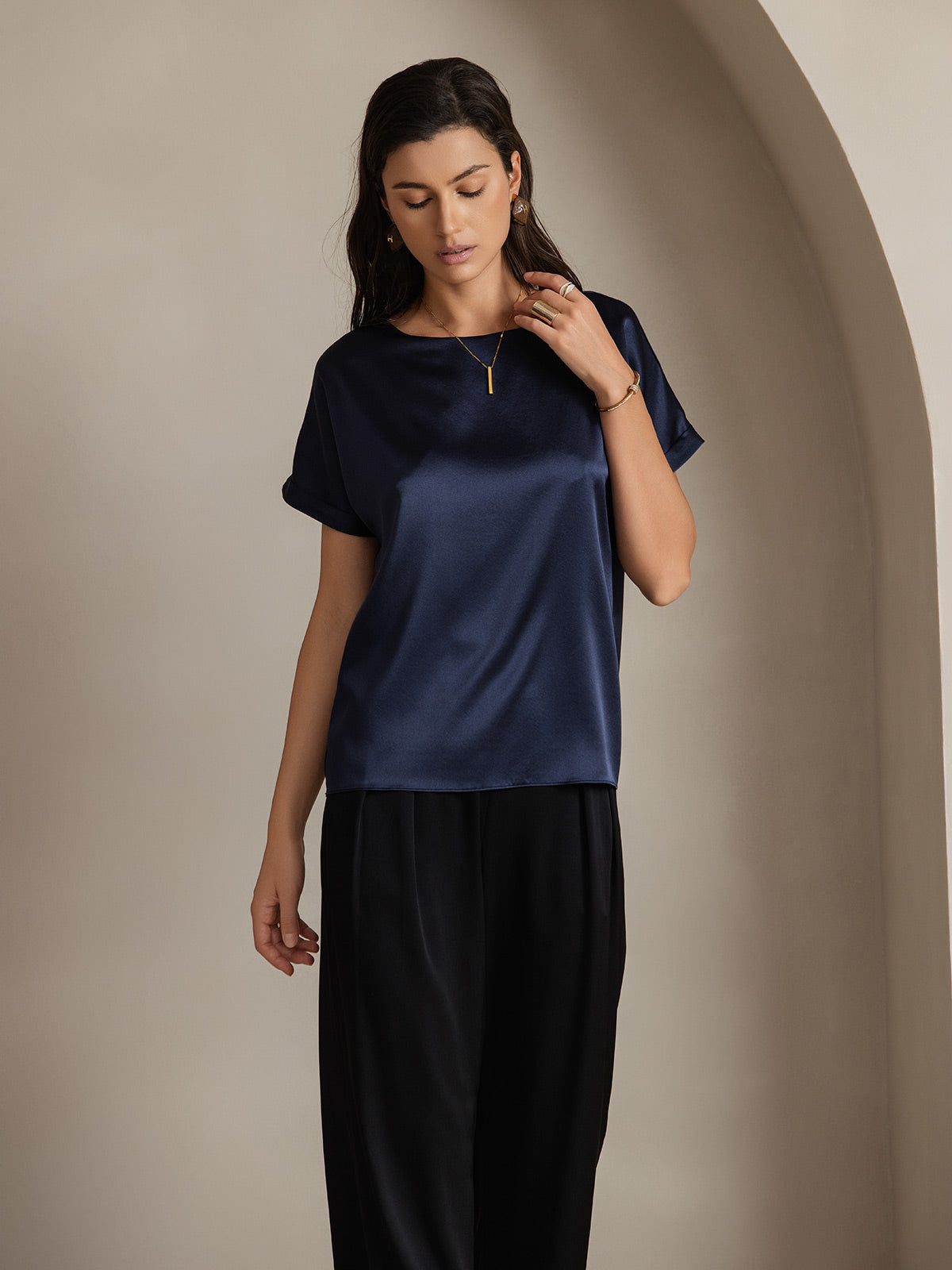 [Dunkelblau] SilkSilky-DE 19Momme Seide Womens T-Shirt 003