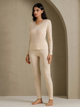 [Beige] SilkSilky-DE Long Sleeve V Neck Damen Lange Unterwäsche 007