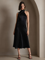[Schwarz] SilkSilky-DE 19Momme Stretch Silk Charmeuse Sleeveless Neckholder Kleider 004