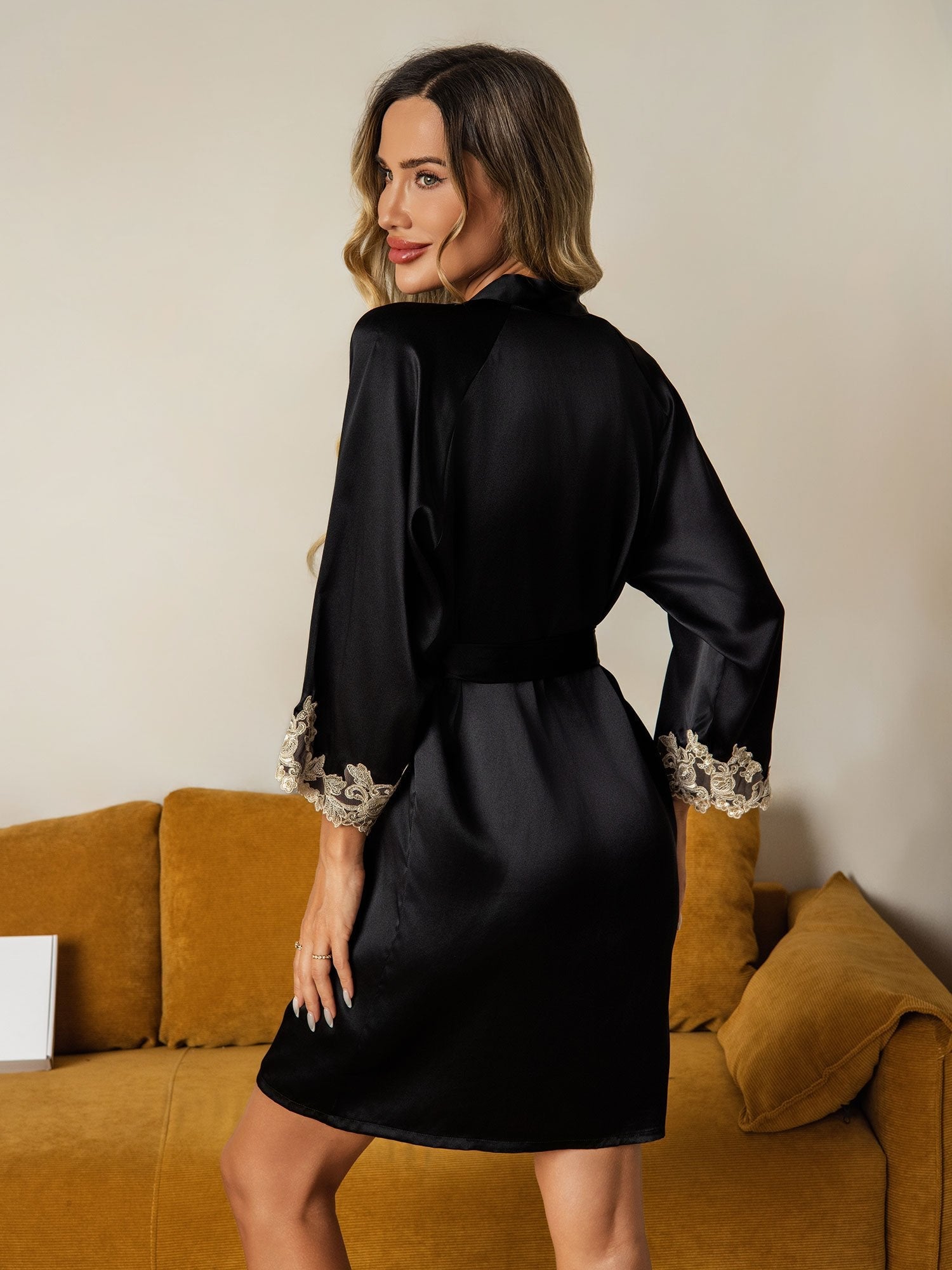 [Schwarz] SilkSilky-DE Reine Seide Womens Robe 002