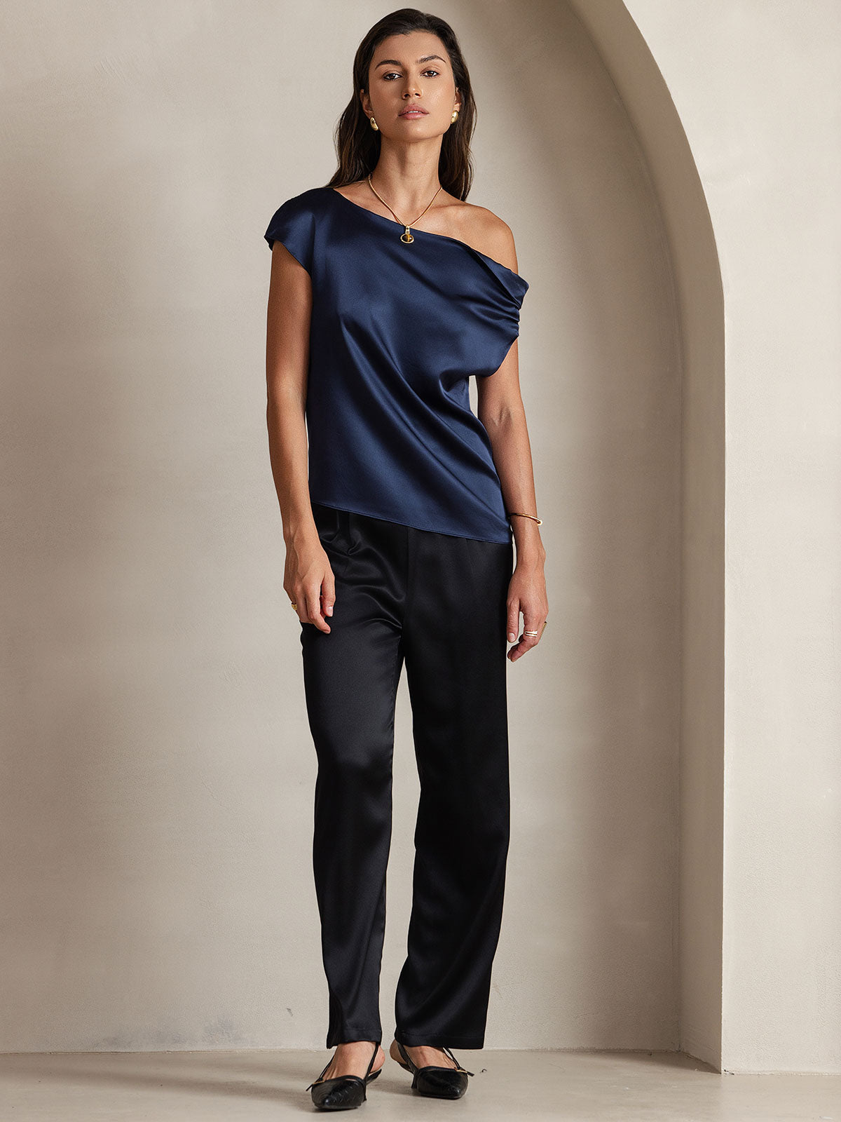 [Dunkelblau] SilkSilky-DE 19Momme Seide Womens T-Shirt 005