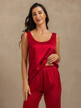 [Rotwein] SilkSilky-DE 19Momme Ärmellos Tiefer Rundhalsausschnitt Damen Pyjamas 007