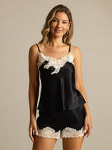 [Schwarz] SilkSilky-DE Spaghettiträger V Ausschnitt Camisole-Set 001