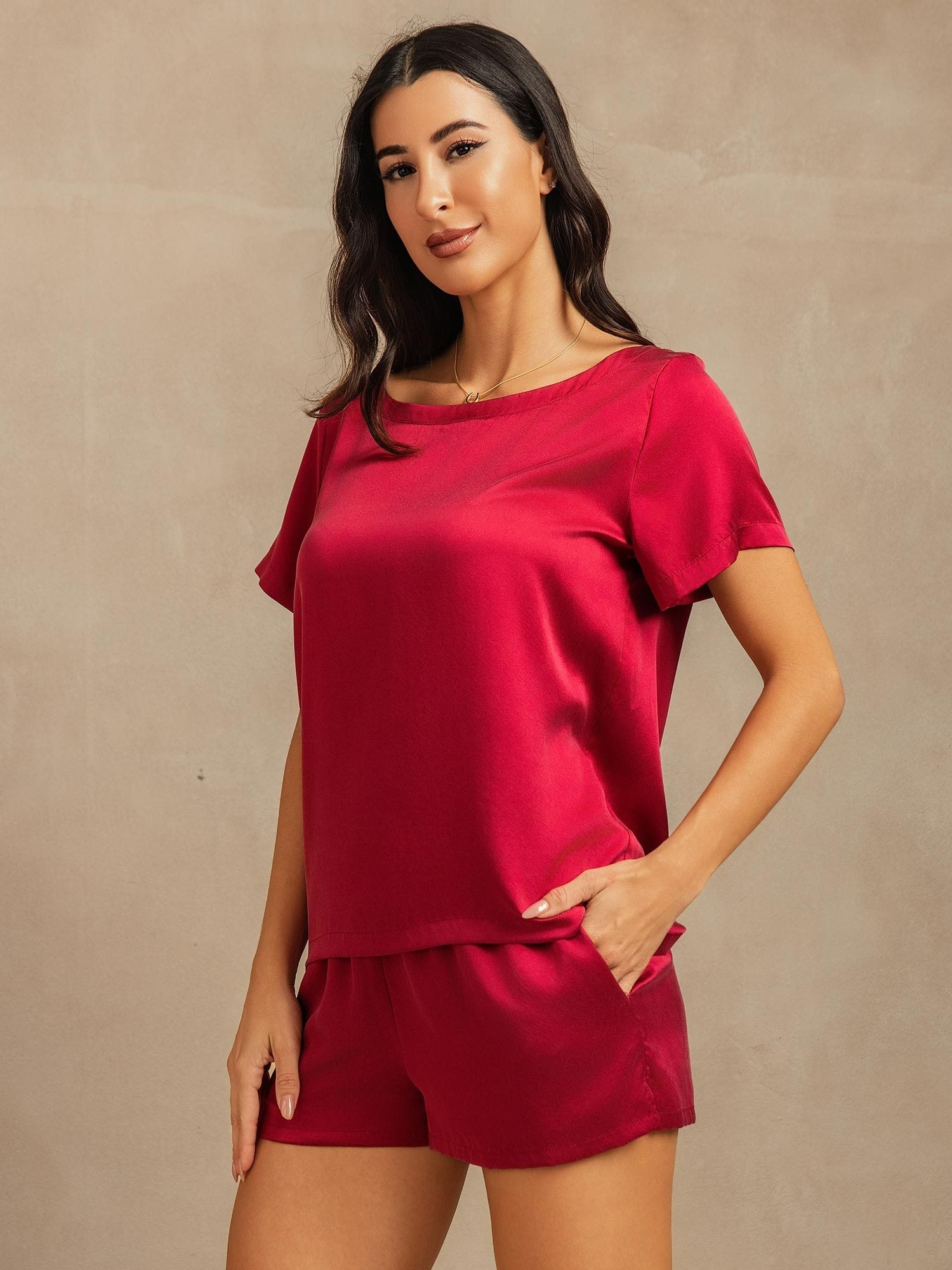 [Rotwein] SilkSilky-DE 19Momme Seide Womens Pajamas 003