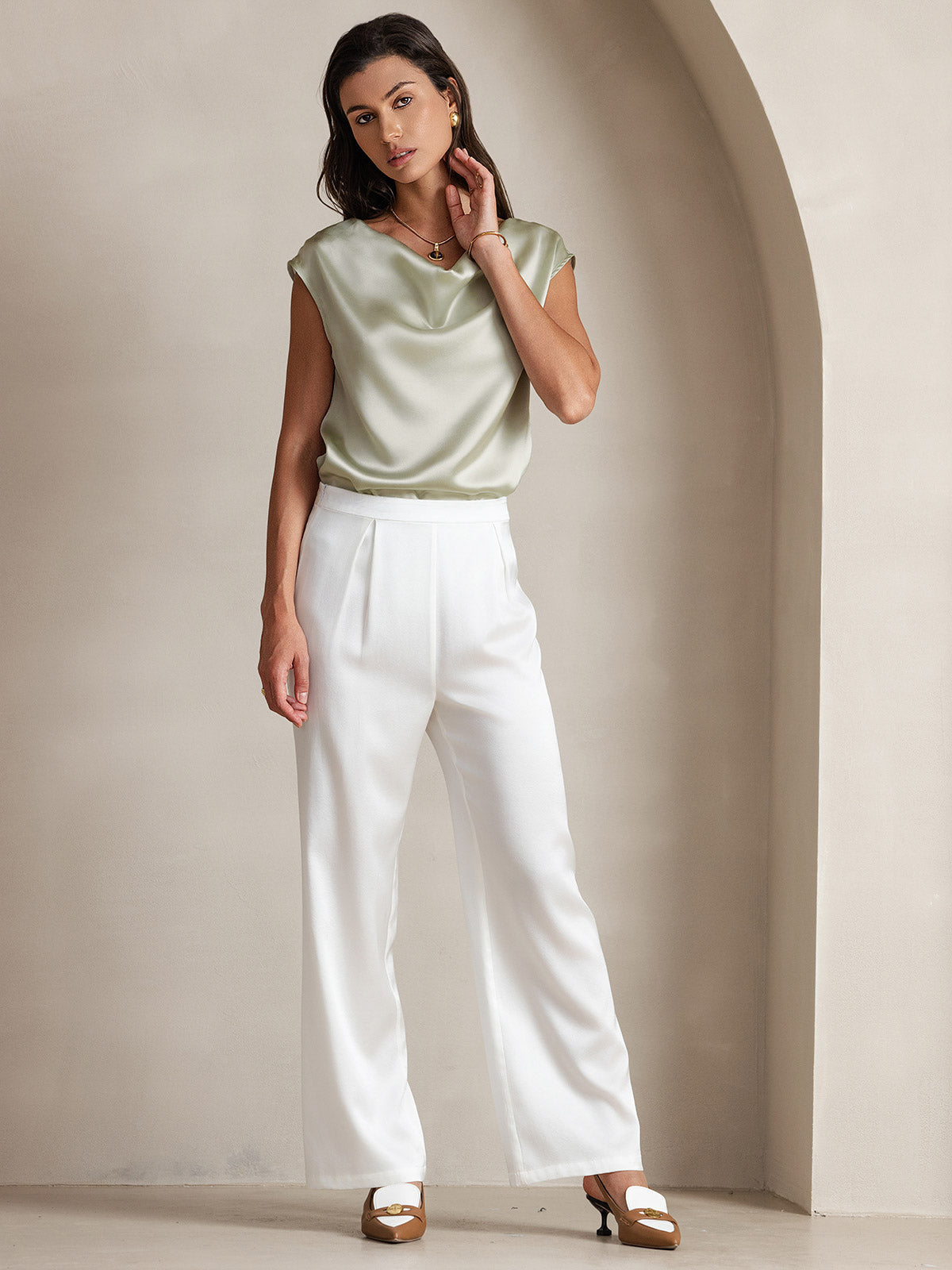 [Hellgrün] SilkSilky-DE 19Momme Seide Ärmellos Wasserfallausschnitt T-Shirt 008