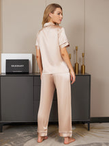 [Champagner] SilkSilky-DE 19Momme Reine Seide Kurzärmelig Revers Damen Pyjamas 002