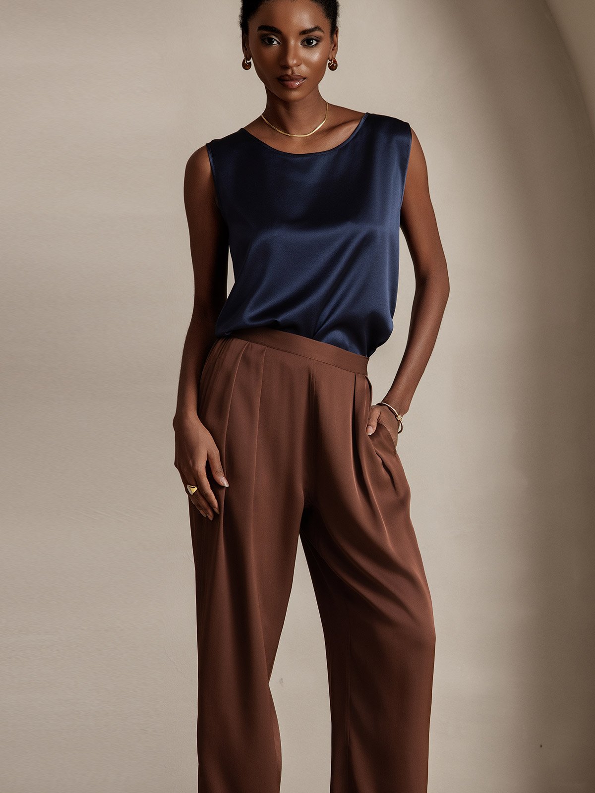 [Dunkelblau] SilkSilky-DE 19Momme Ärmellos Rundhalsausschnitt Cami Top 003
