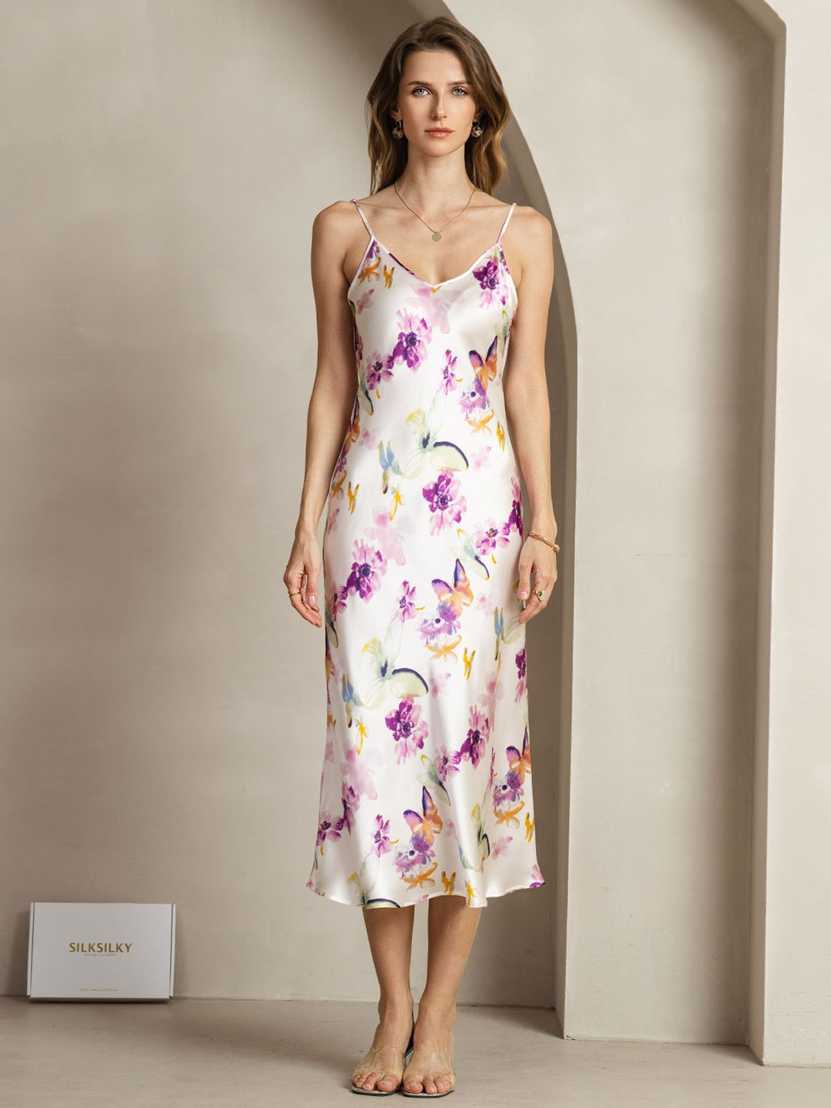 [Aquarellblumen] SilkSilky-DE 19Momme Seide V Ausschnitt Kleider 001