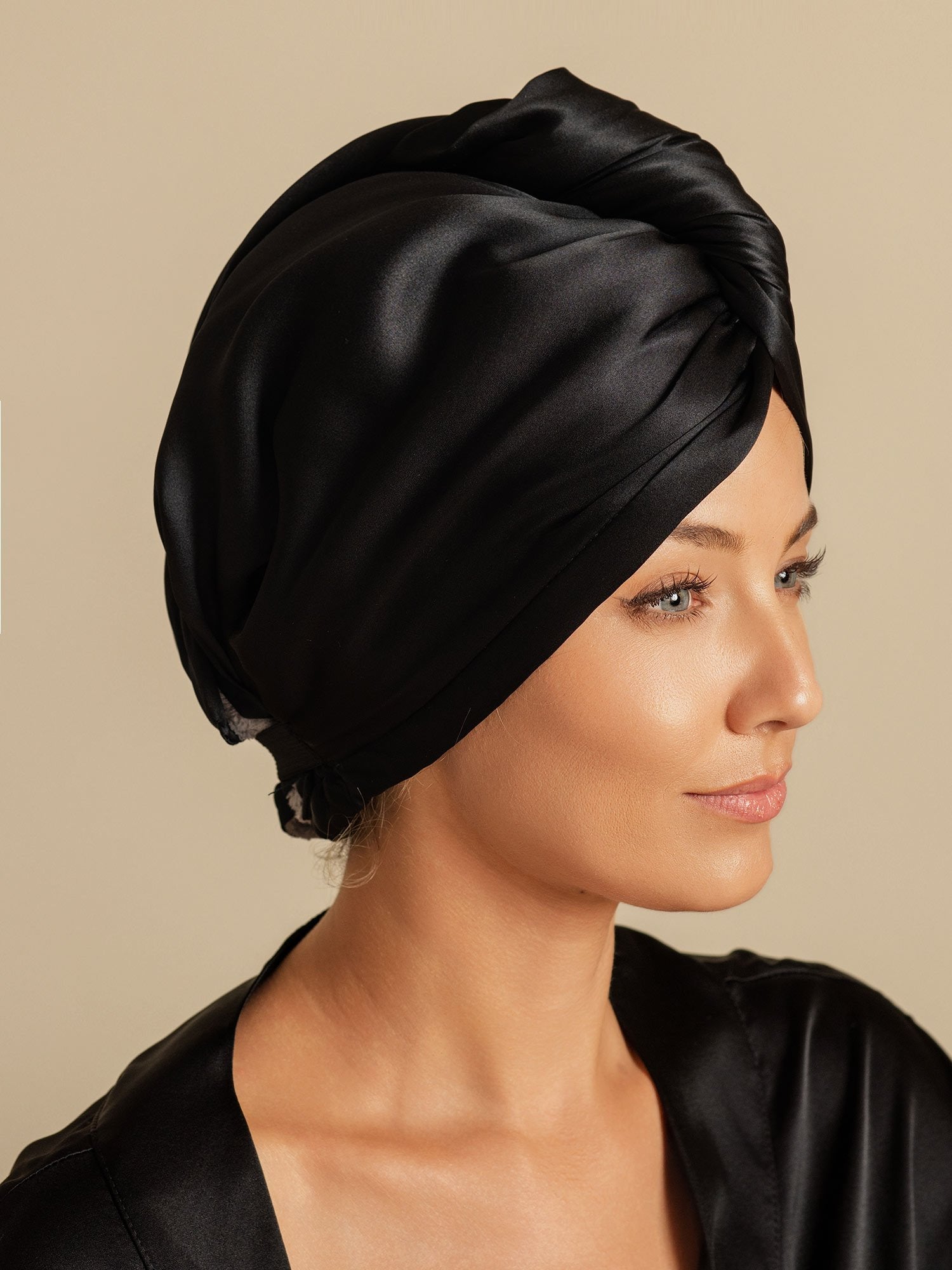 [Schwarz] SilkSilky-DE Reine Seide Hair Towel Wrap 005,