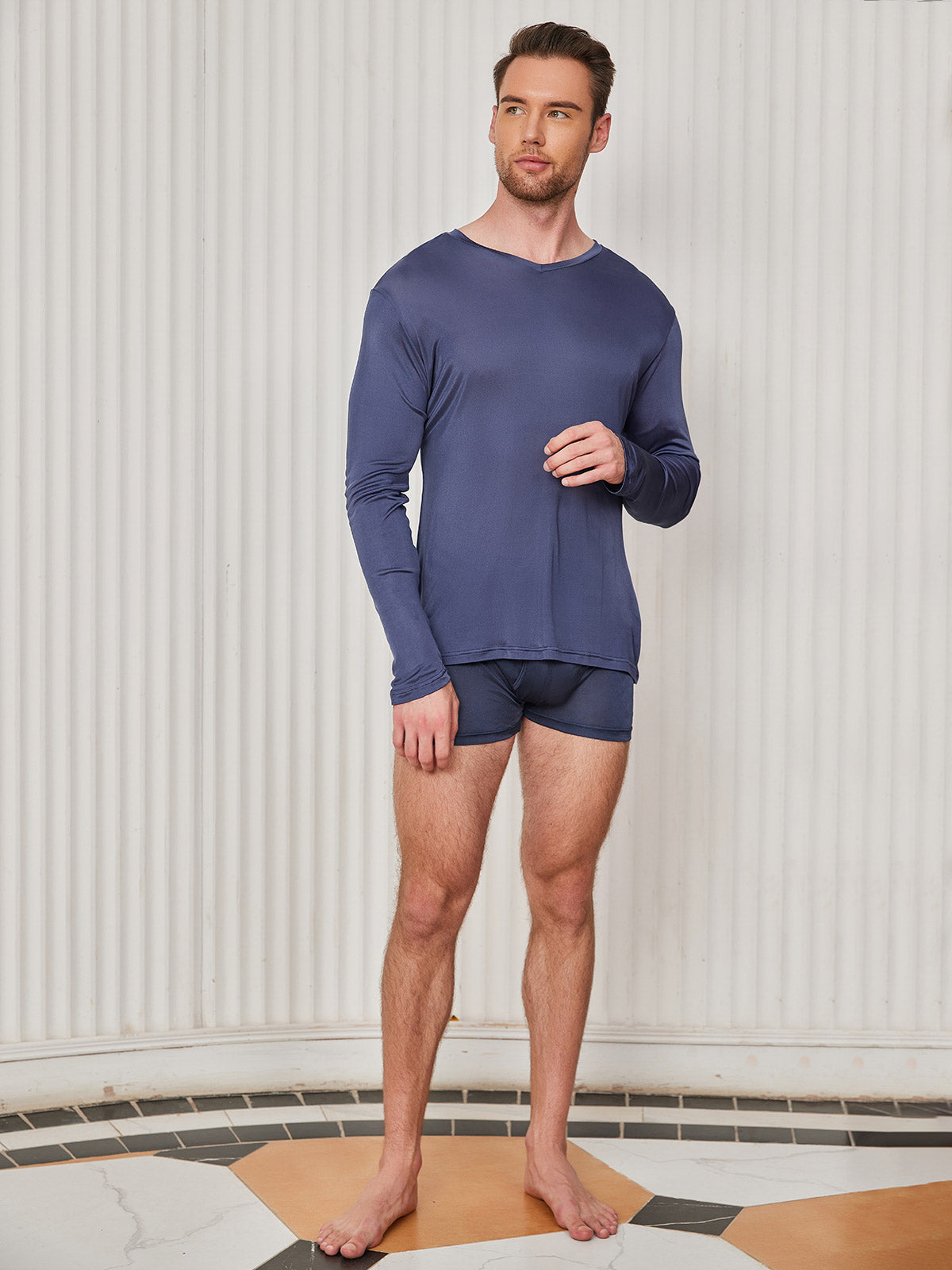 [Dunkelblau] SilkSilky-DE Seidenstrick Langärmelig V Ausschnitt Herren T-Shirt 005