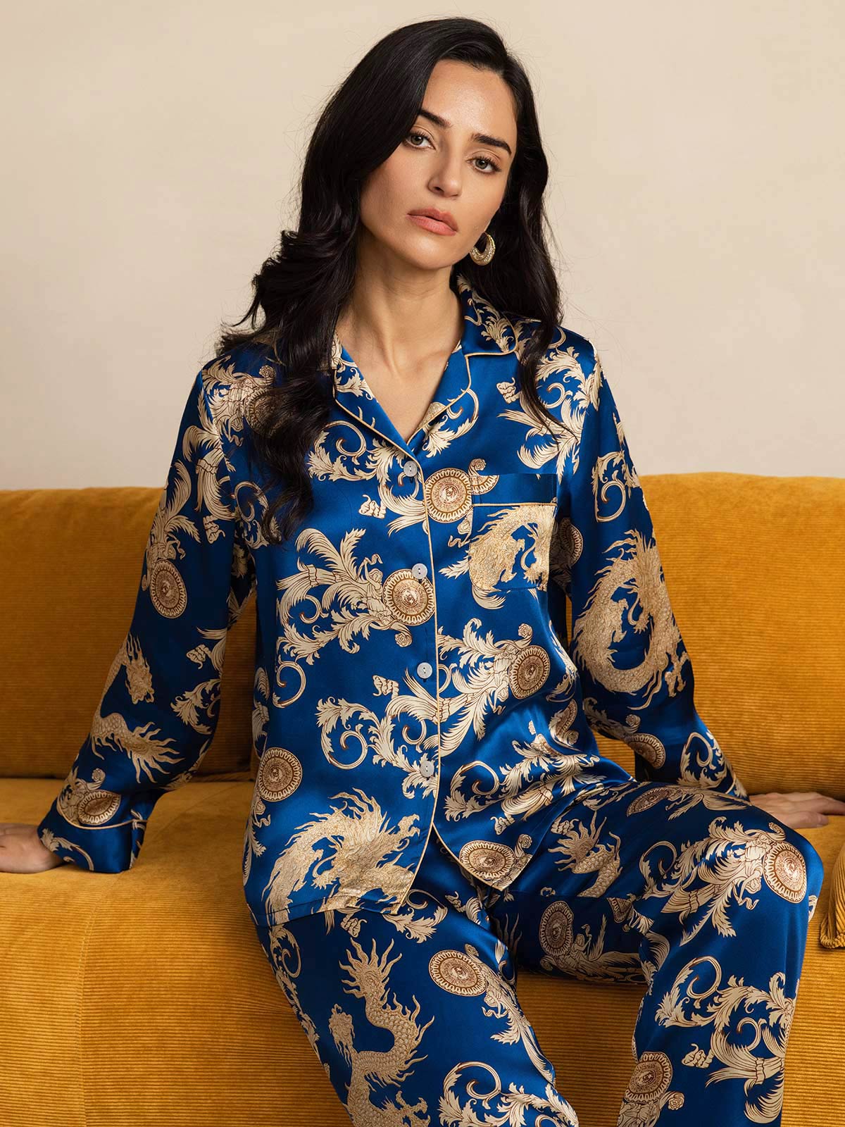 [Navy Drache] SilkSilky-DE Reine Seide Womens Pajamas 001
