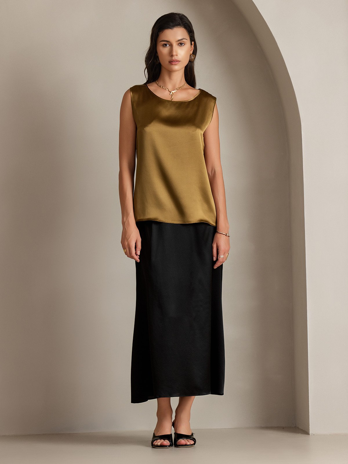 [Braun] SilkSilky-DE 19Momme Ärmellos Rundhalsausschnitt Cami Top 005