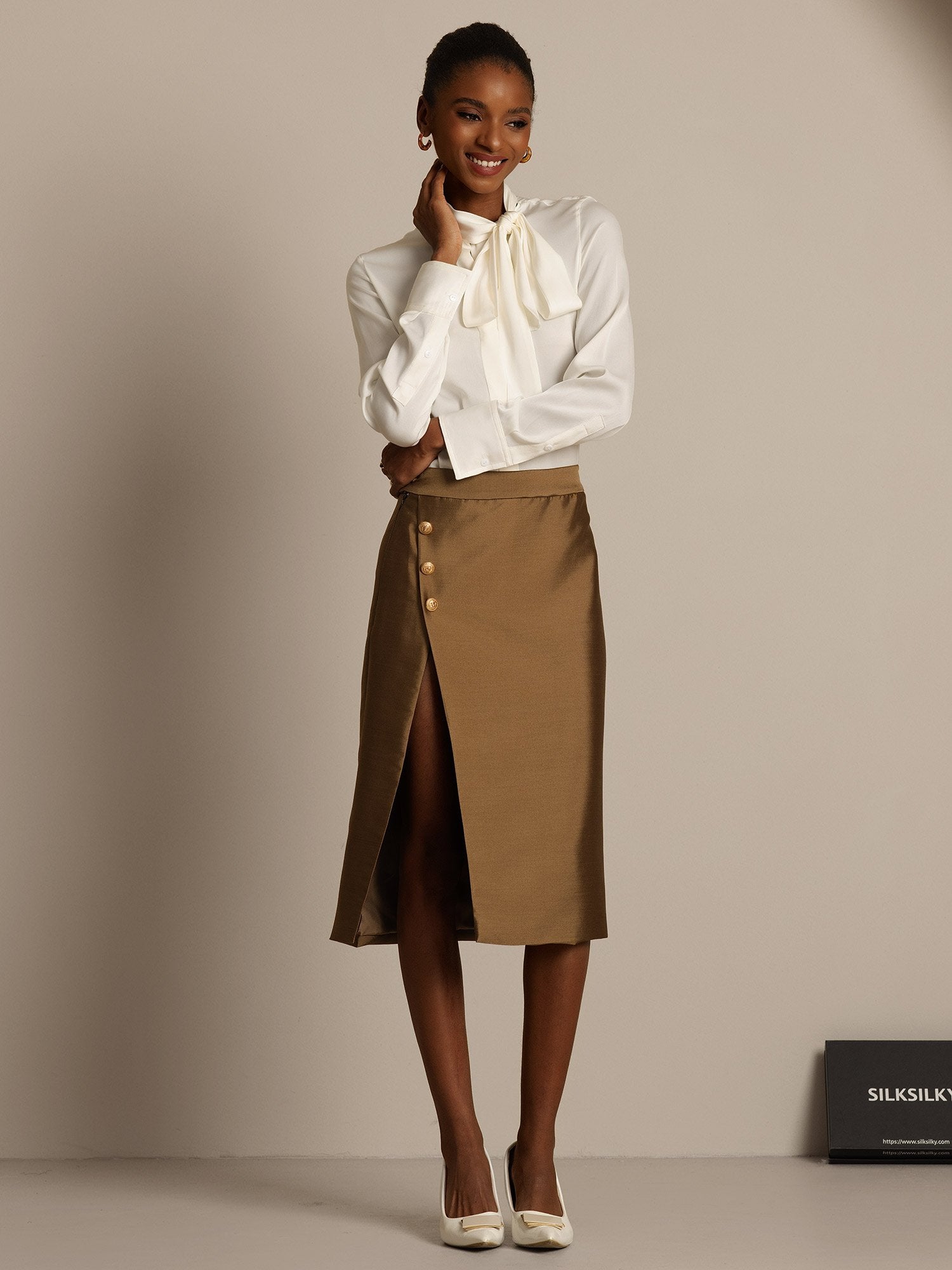 [Bronze] SilkSilky-DE 32Momme Silk-Wool Blend Skirt 007,