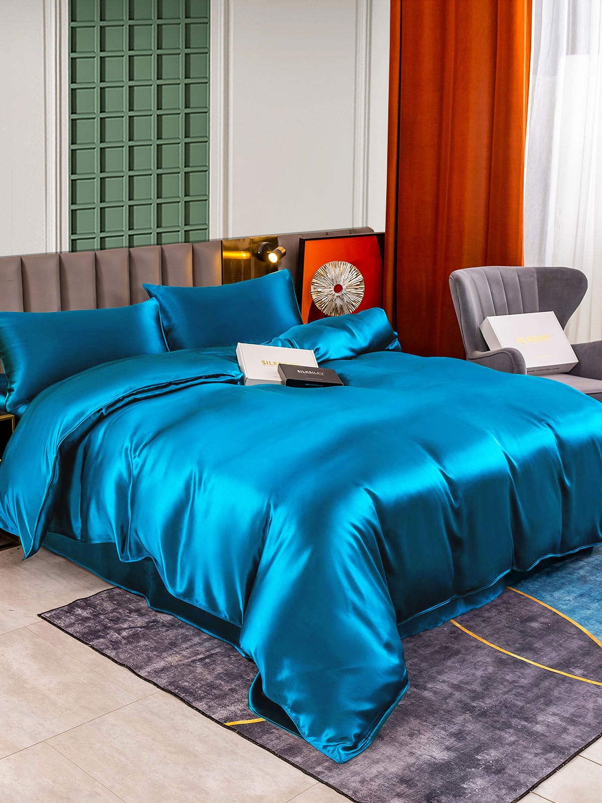 [König Blau] SilkSilky-DE 25Momme Reine Seide Bedding Set 004,