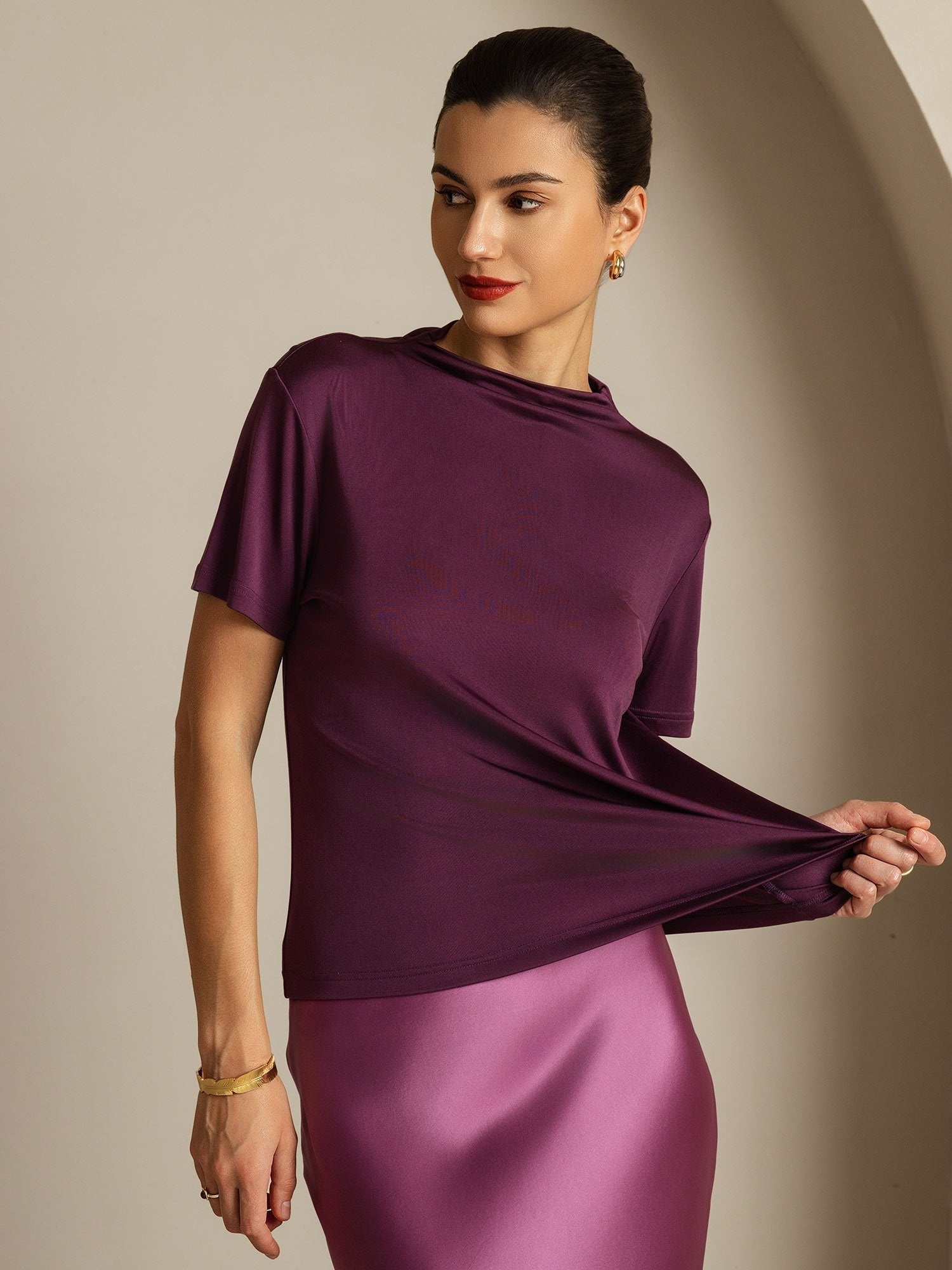 [Violett] SilkSilky-DE Reine Seide Umlegekragen T-Shirt 001