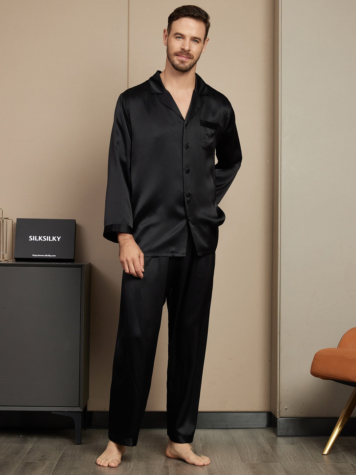 [Schwarz] SilkSilky-DE Reine Seide Mens Pajamas 005