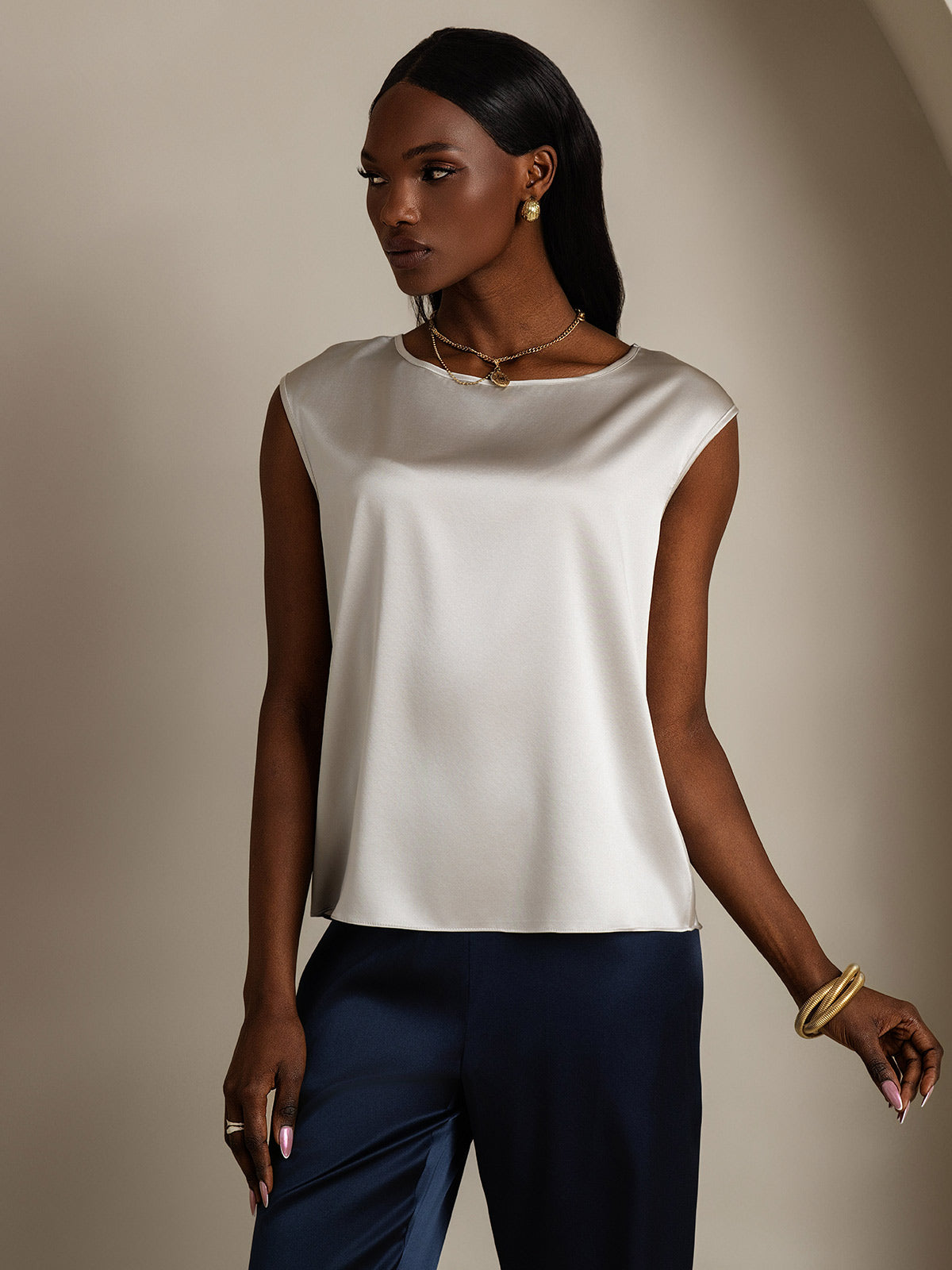[Hellgrau] SilkSilky-DE 19Momme Seide Womens T-Shirt 004