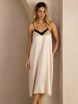 [Reisbeige] SilkSilky-DE Spaghetti Strap V Neck Kleider 001