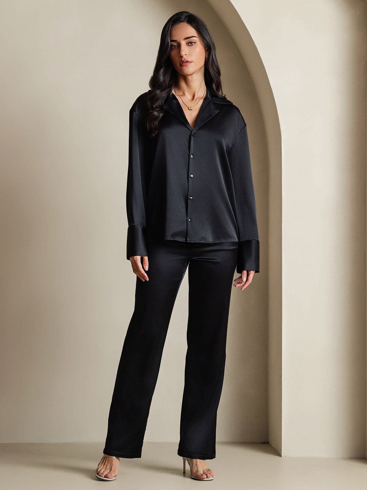 [Schwarz] SilkSilky-DE 19Momme Seide Womens Shirt 006