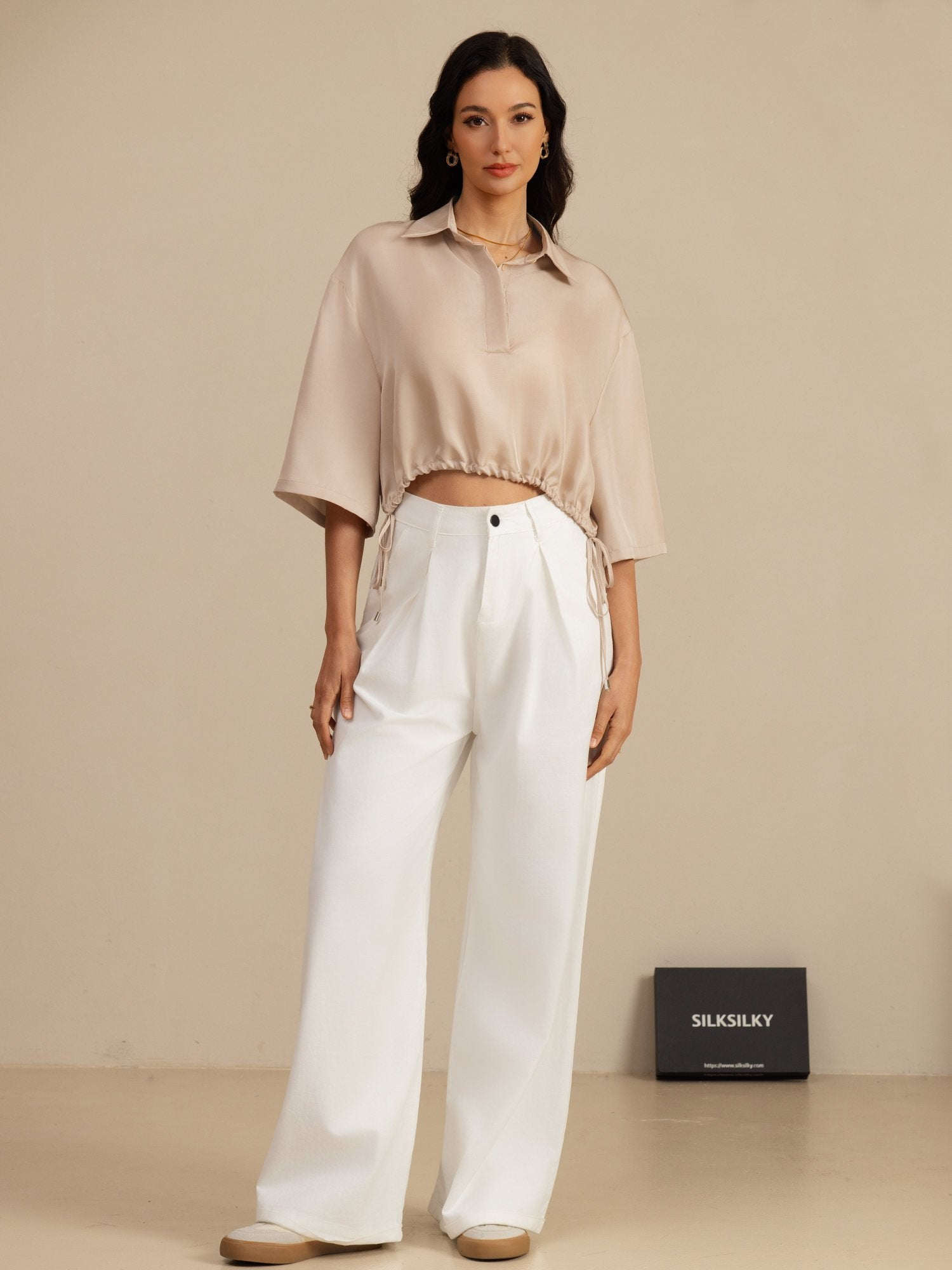 [Tan] SilkSilky-DE 18Momme Halblange Ärmel Lapelkragen Bluse 006