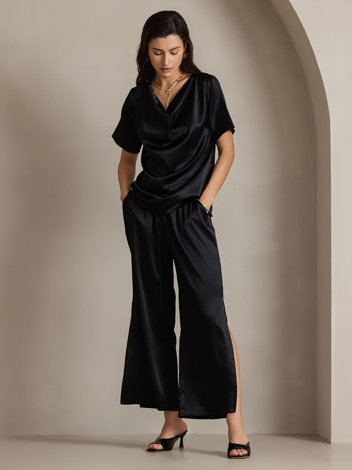 [Schwarz] SilkSilky-DE 19Momme Seide Womens Pants 006