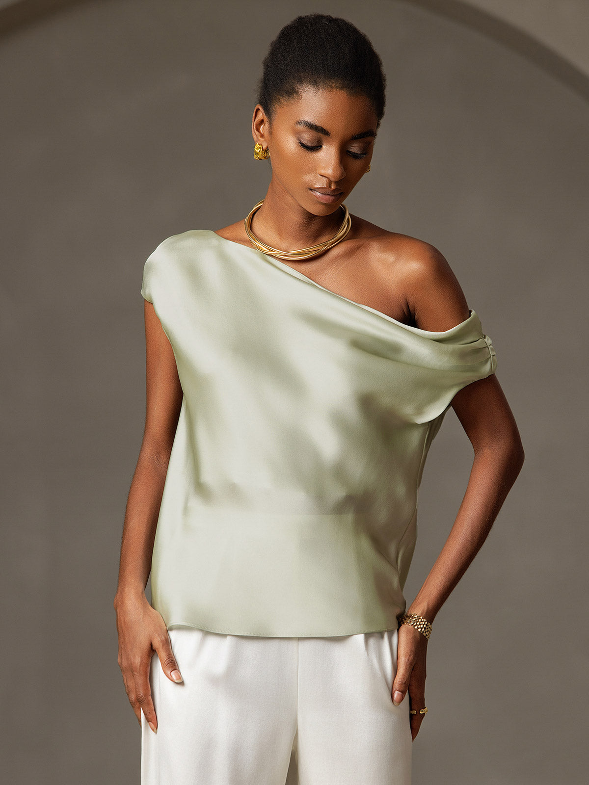 [Hellgrün] SilkSilky-DE 19Momme Seide Womens T-Shirt 003