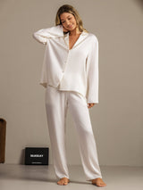 [Weiß] SilkSilky-DE 19Momme Langärmelig Notch-Kragen Damen Pyjamas 007