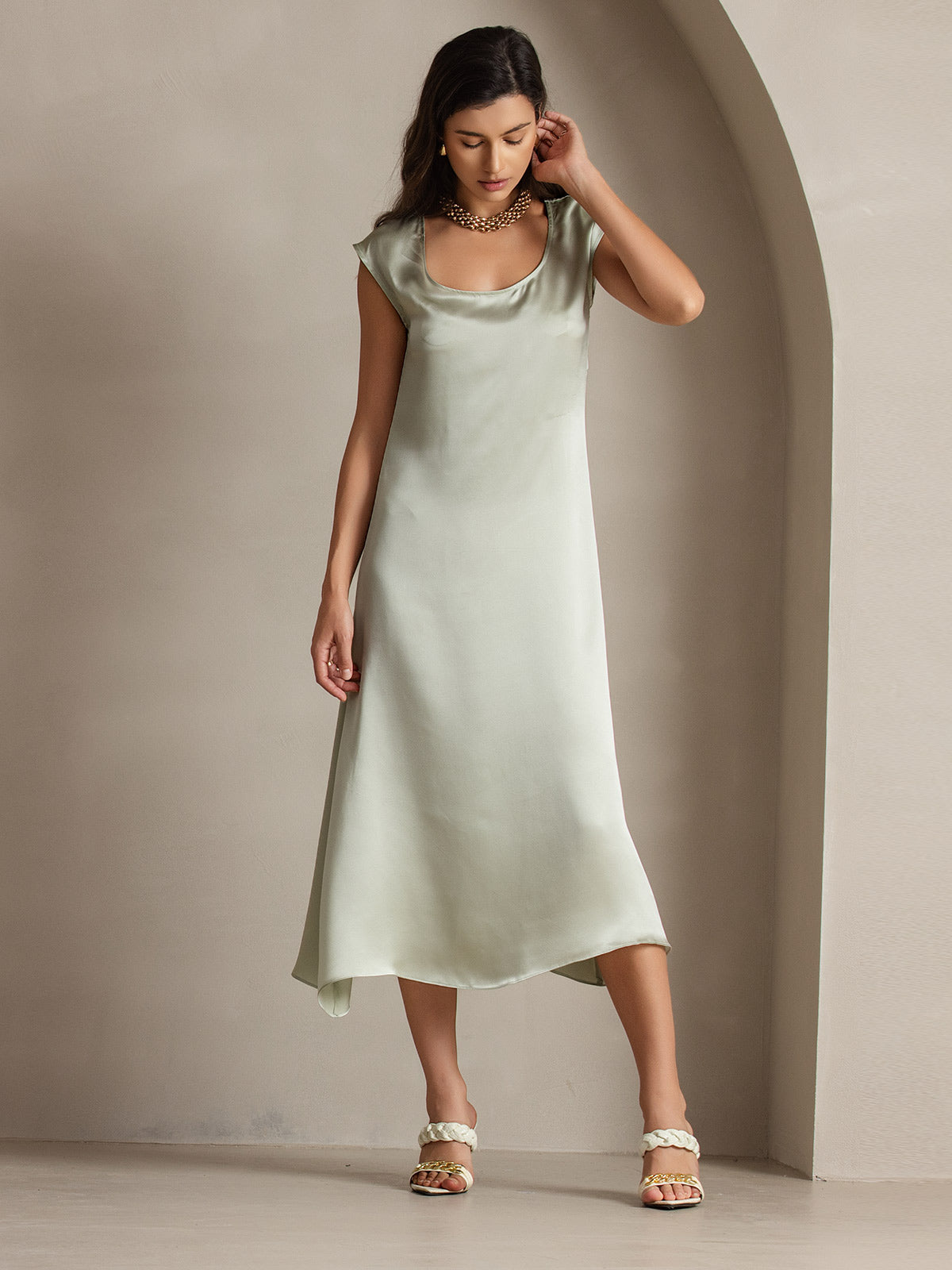 [Hellgrün] SilkSilky-DE 19Momme Seide Dress 003
