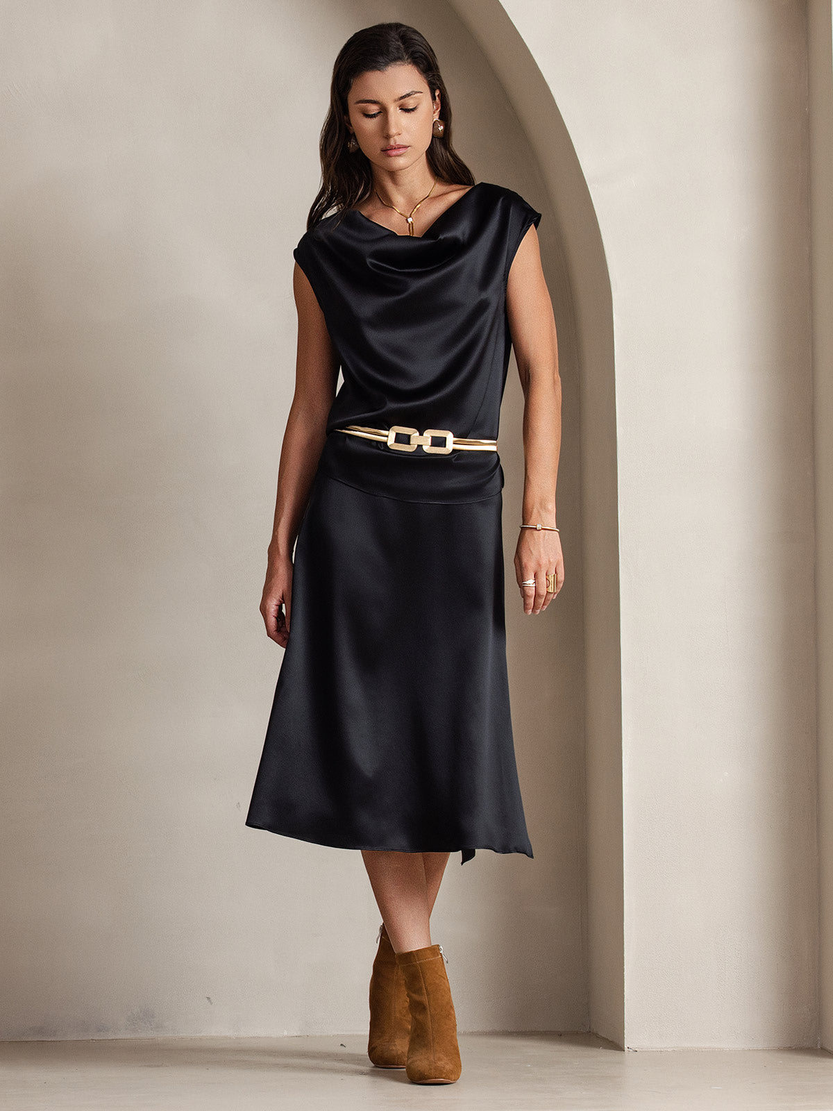 [Schwarz] SilkSilky-DE 19Momme Seide Ärmellos Wasserfallausschnitt T-Shirt 003