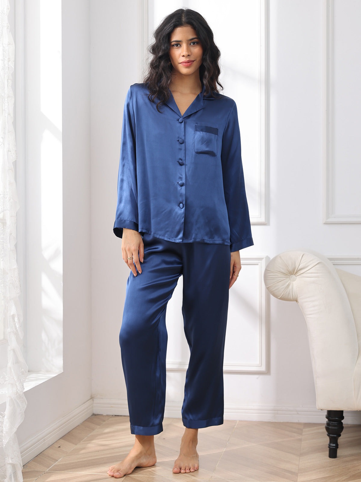 SilkSilky-DE Reine Seide Langärmelig Revers Damen Pyjamas Dunkelblau 003