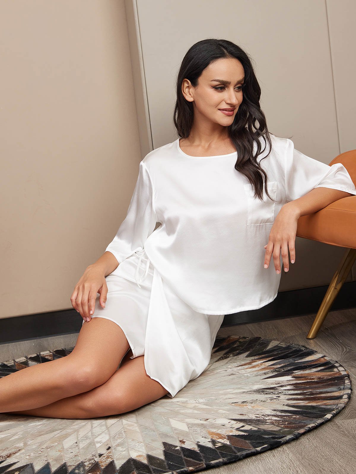 [Weiß] SilkSilky-DE Reine Seide Halblange Ärmel Womens Pajamas 004