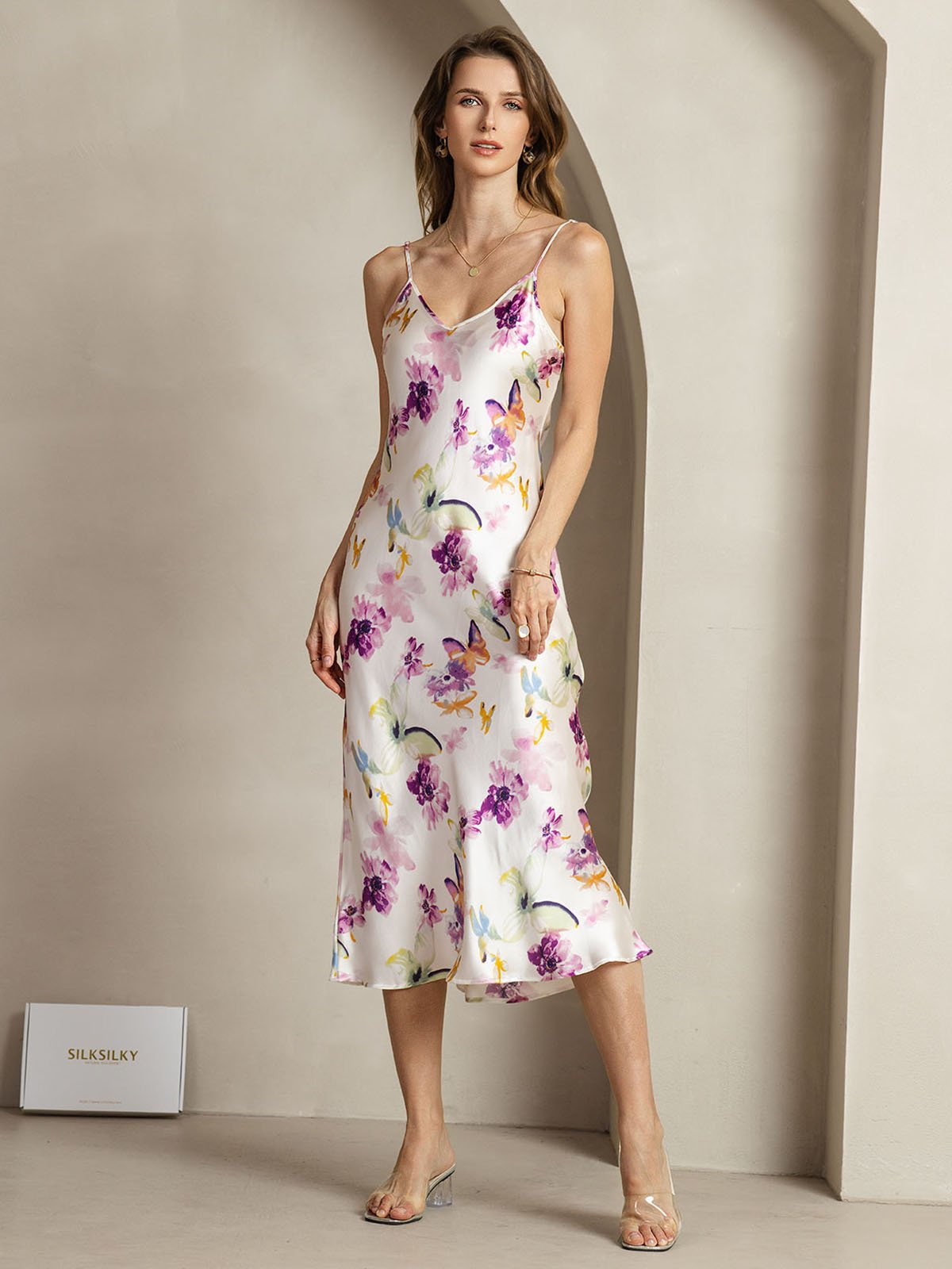 [Aquarellblumen] SilkSilky-DE 19Momme Seide V Ausschnitt Kleider 003